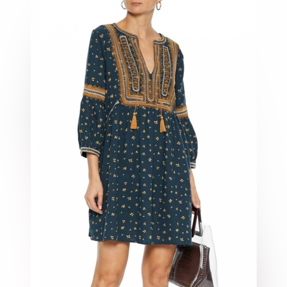 Ba&sh Anily Cotton Embroidered Mini Tunic Dress Long Sleeve Teal Blue Boho Sz L - Picture 1 of 16